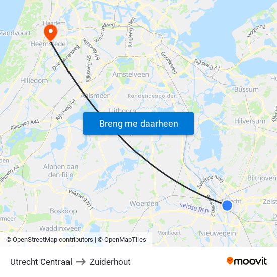 Utrecht Centraal to Zuiderhout map