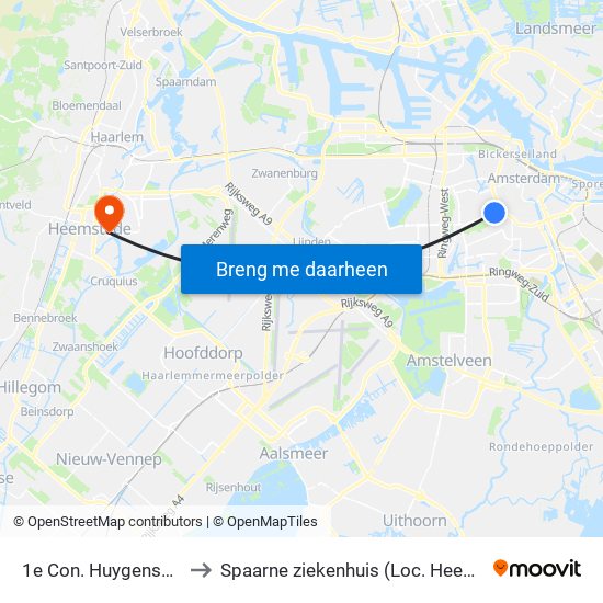 1e Con. Huygensstraat to Spaarne ziekenhuis (Loc. Heemstede) map