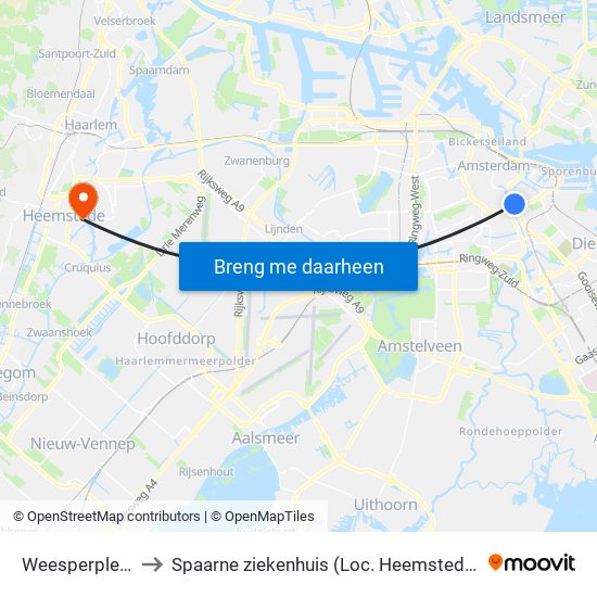 Weesperplein to Spaarne ziekenhuis (Loc. Heemstede) map