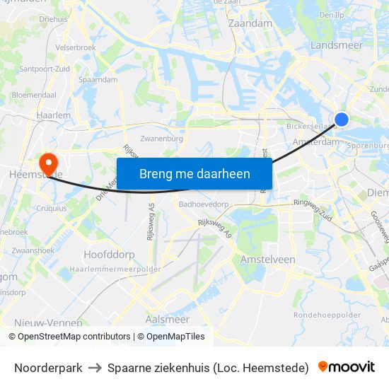 Noorderpark to Spaarne ziekenhuis (Loc. Heemstede) map