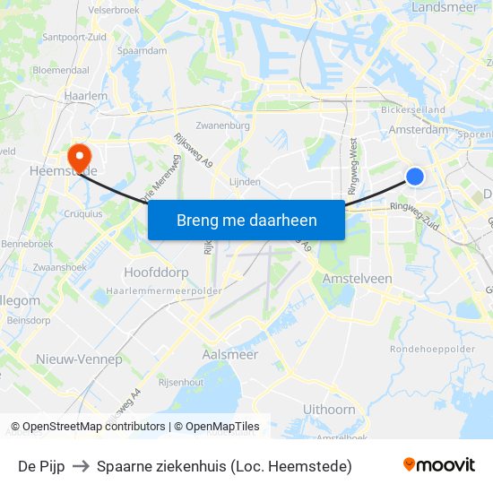 De Pijp to Spaarne ziekenhuis (Loc. Heemstede) map