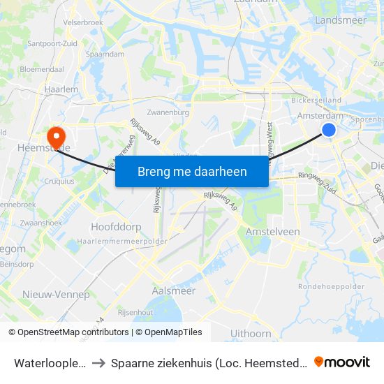 Waterlooplein to Spaarne ziekenhuis (Loc. Heemstede) map