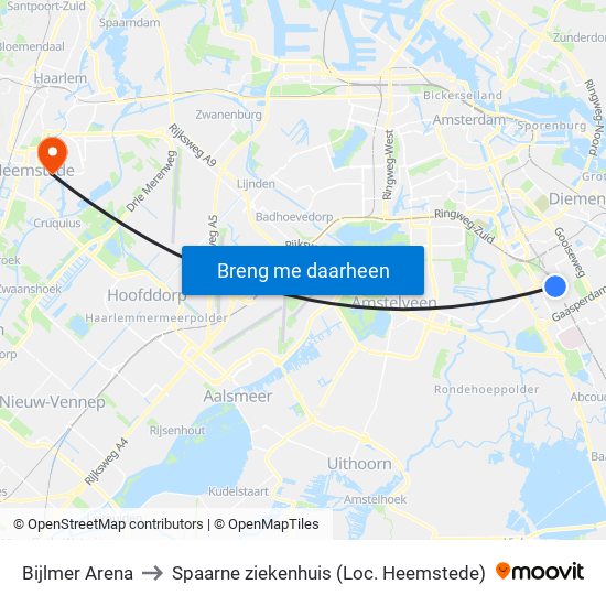 Bijlmer Arena to Spaarne ziekenhuis (Loc. Heemstede) map
