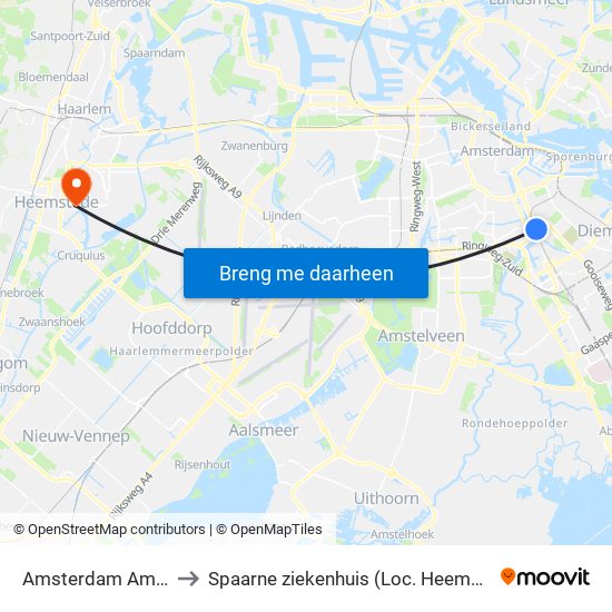 Amsterdam Amstel to Spaarne ziekenhuis (Loc. Heemstede) map