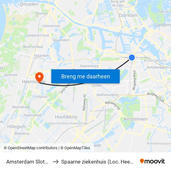 Amsterdam Sloterdijk to Spaarne ziekenhuis (Loc. Heemstede) map