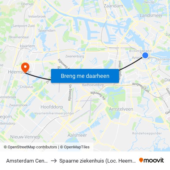 Amsterdam Centraal to Spaarne ziekenhuis (Loc. Heemstede) map