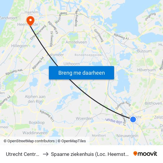 Utrecht Centraal to Spaarne ziekenhuis (Loc. Heemstede) map
