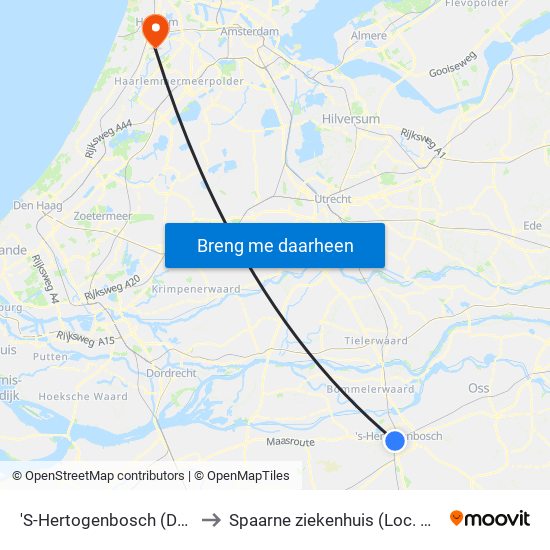 'S-Hertogenbosch (Den Bosch) to Spaarne ziekenhuis (Loc. Heemstede) map