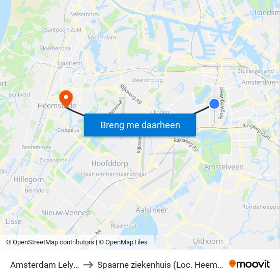 Amsterdam Lelylaan to Spaarne ziekenhuis (Loc. Heemstede) map