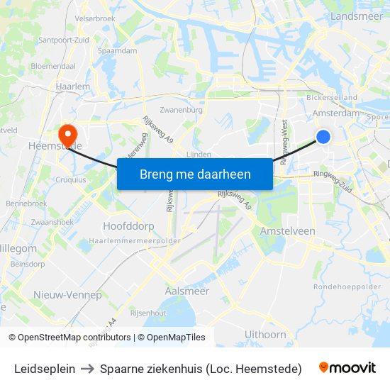 Leidseplein to Spaarne ziekenhuis (Loc. Heemstede) map