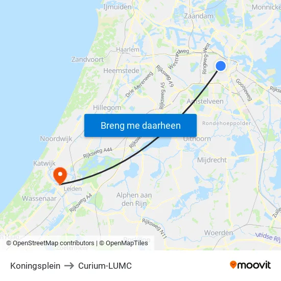 Koningsplein to Curium-LUMC map
