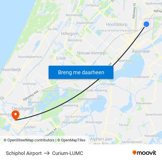 Schiphol Airport to Curium-LUMC map