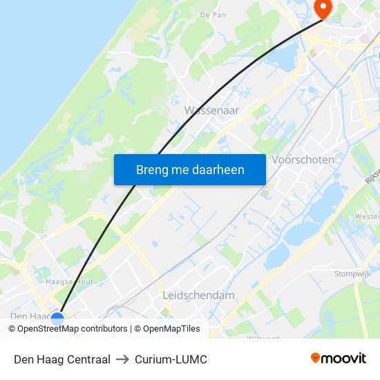 Den Haag Centraal to Curium-LUMC map