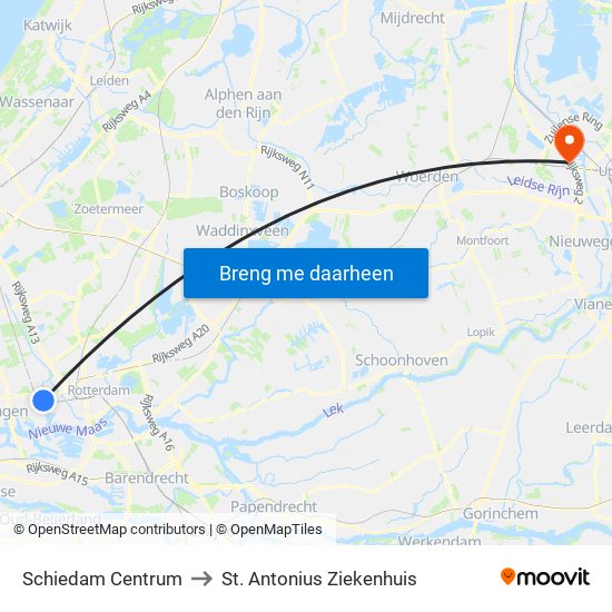 Schiedam Centrum to St. Antonius Ziekenhuis map