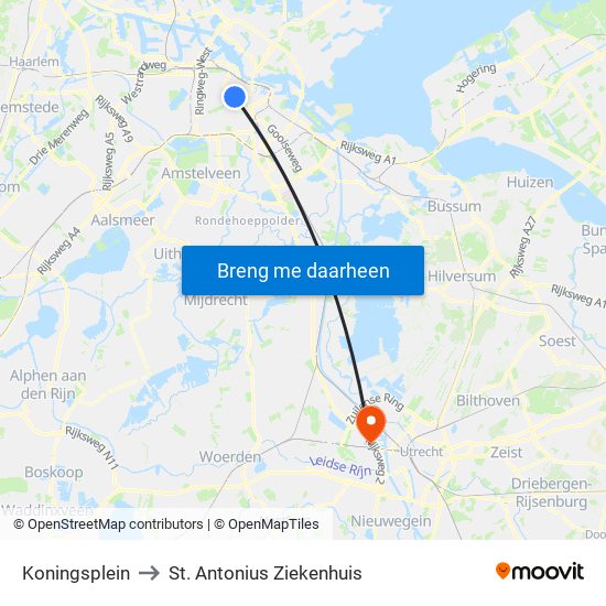 Koningsplein to St. Antonius Ziekenhuis map