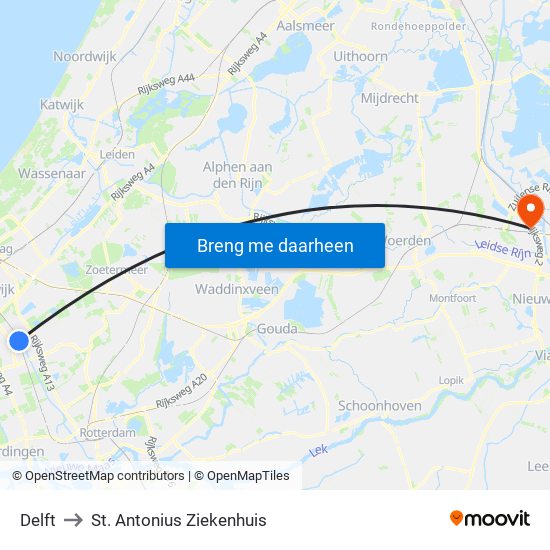 Delft to St. Antonius Ziekenhuis map