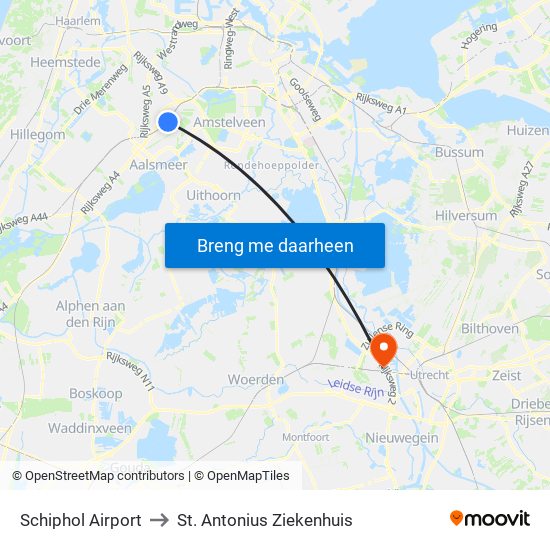 Schiphol Airport to St. Antonius Ziekenhuis map