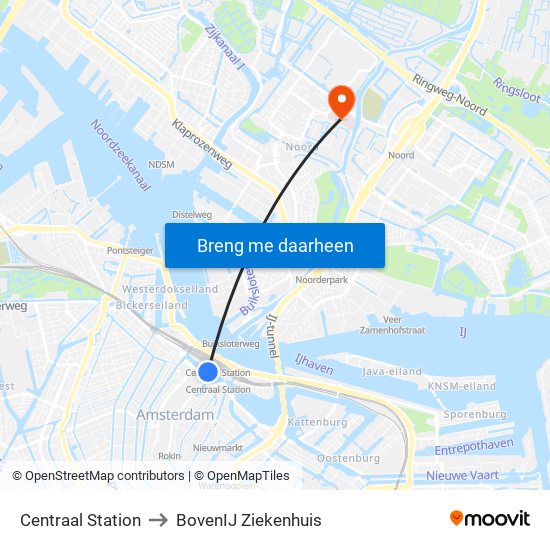 Centraal Station to BovenIJ Ziekenhuis map