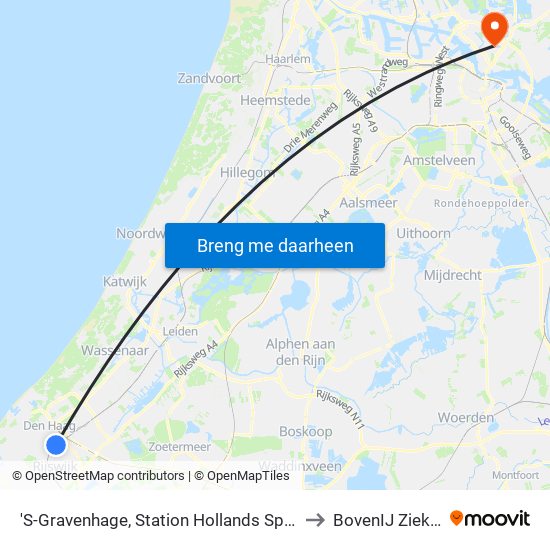 'S-Gravenhage, Station Hollands Spoor (Perron A) to BovenIJ Ziekenhuis map