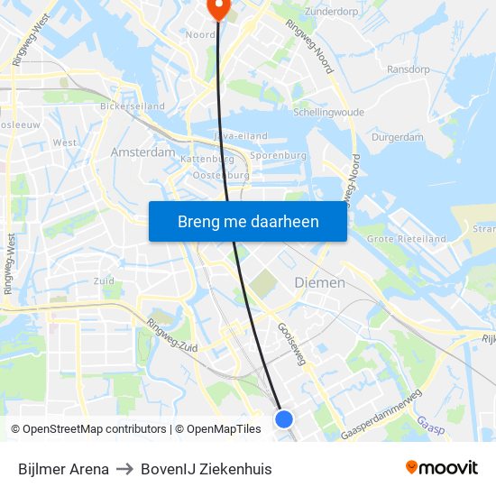 Bijlmer Arena to BovenIJ Ziekenhuis map