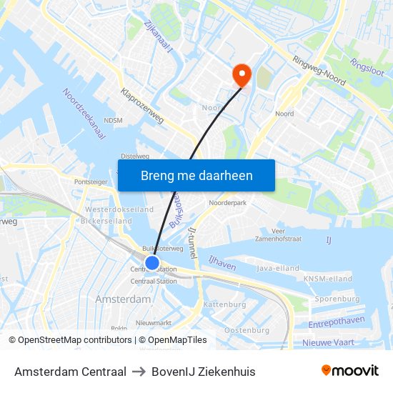 Amsterdam Centraal to BovenIJ Ziekenhuis map