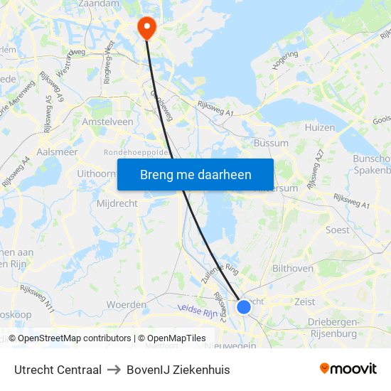 Utrecht Centraal to BovenIJ Ziekenhuis map