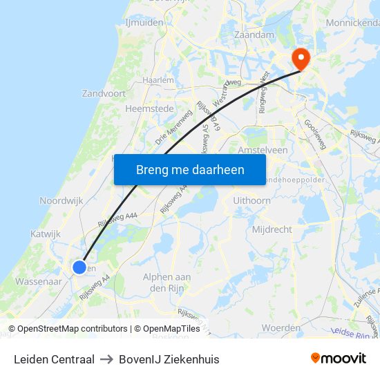 Leiden Centraal to BovenIJ Ziekenhuis map