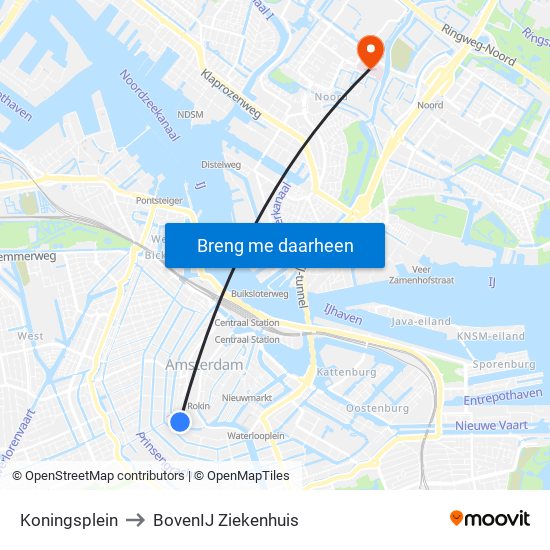 Koningsplein to BovenIJ Ziekenhuis map