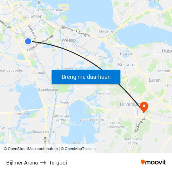 Bijlmer Arena to Tergooi map