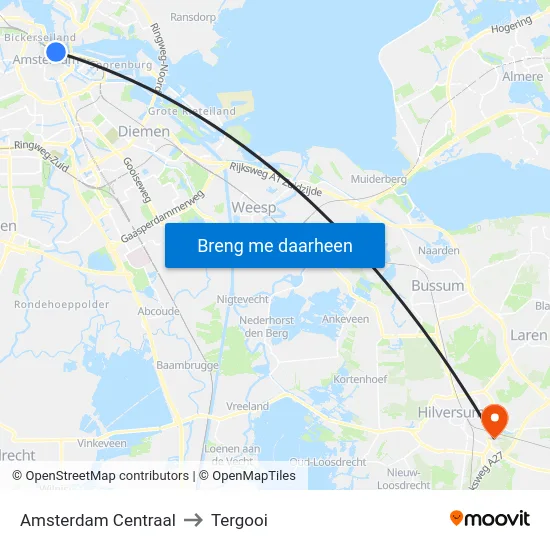 Amsterdam Centraal to Tergooi map