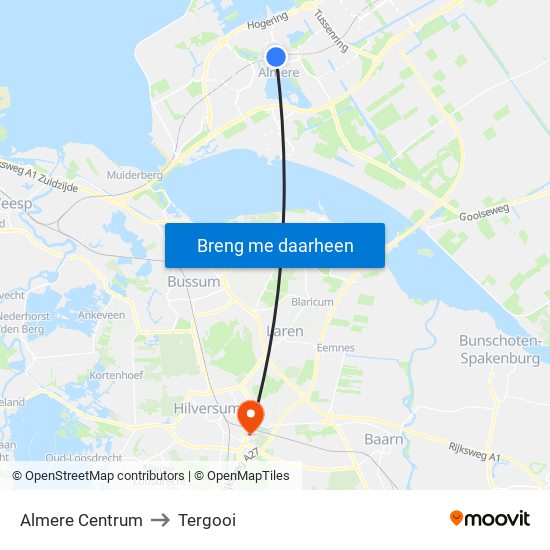 Almere Centrum to Tergooi map