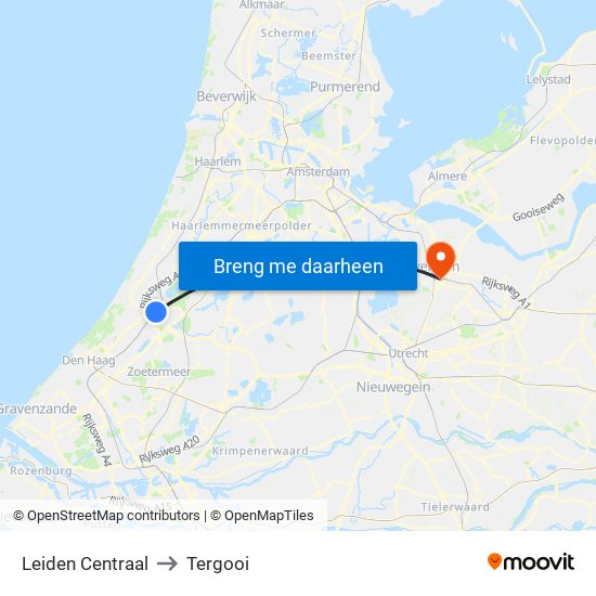 Leiden Centraal to Tergooi map