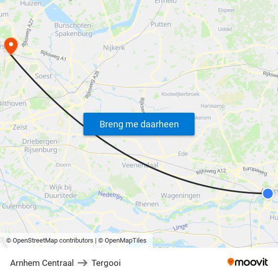 Arnhem Centraal to Tergooi map