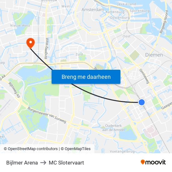 Bijlmer Arena to MC Slotervaart map