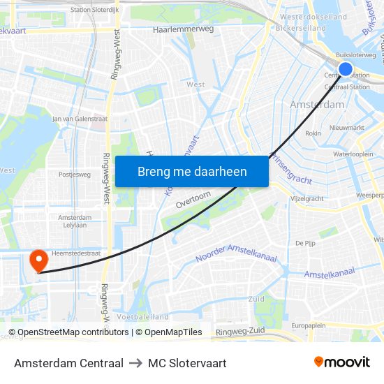 Amsterdam Centraal to MC Slotervaart map