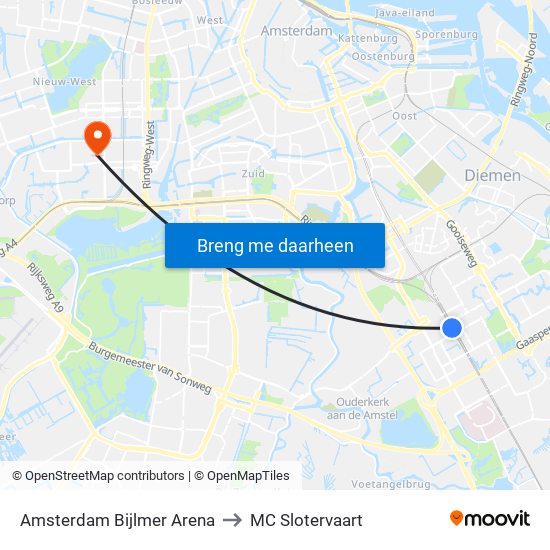 Amsterdam Bijlmer Arena to MC Slotervaart map