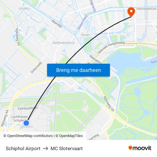 Schiphol Airport to MC Slotervaart map