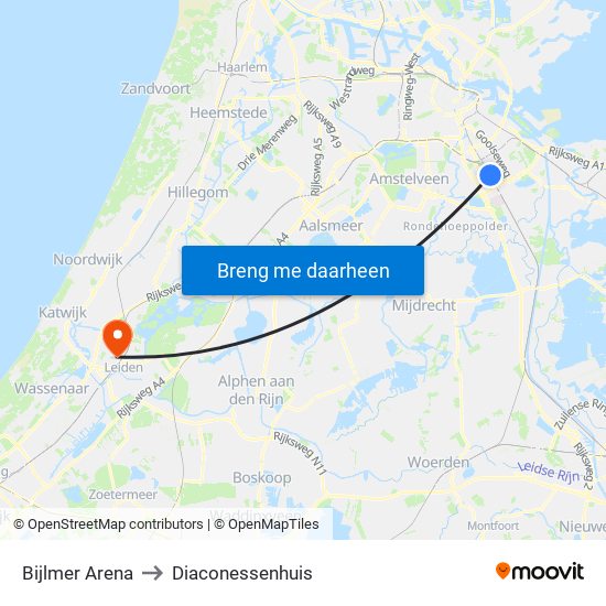 Bijlmer Arena to Diaconessenhuis map
