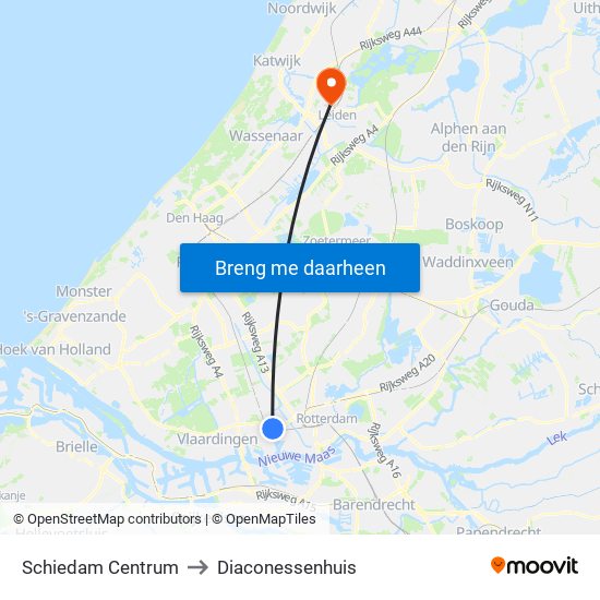 Schiedam Centrum to Diaconessenhuis map