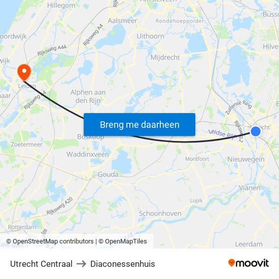 Utrecht Centraal to Diaconessenhuis map