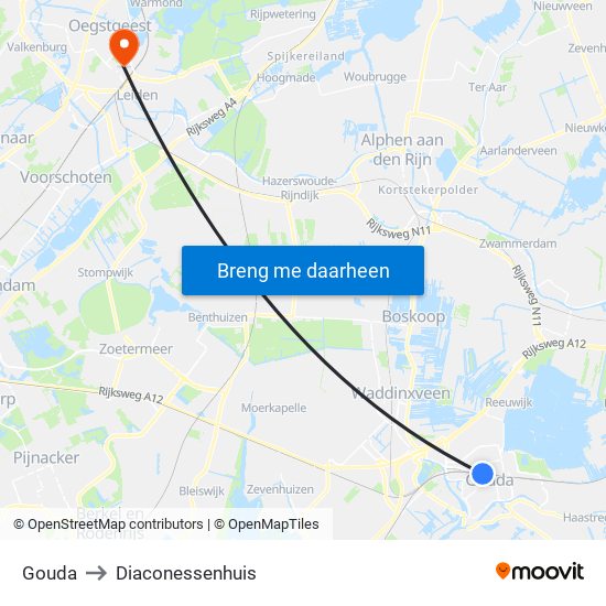 Gouda to Diaconessenhuis map