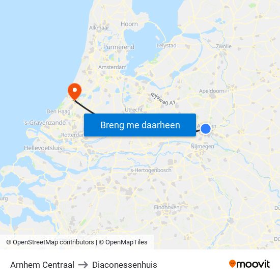 Arnhem Centraal to Diaconessenhuis map