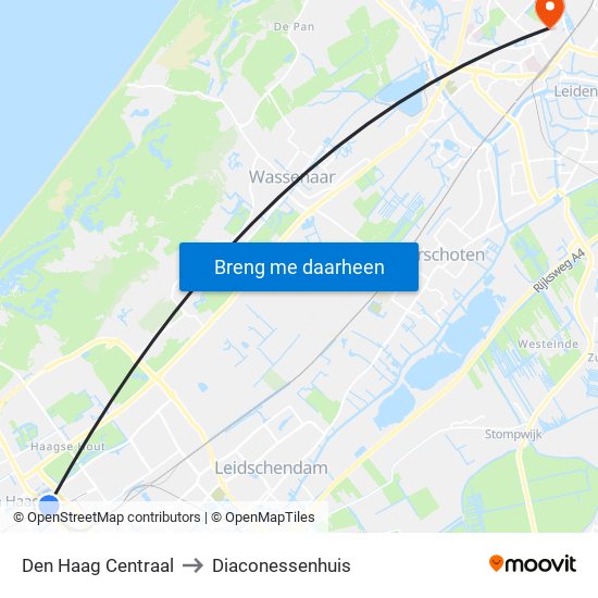 Den Haag Centraal to Diaconessenhuis map