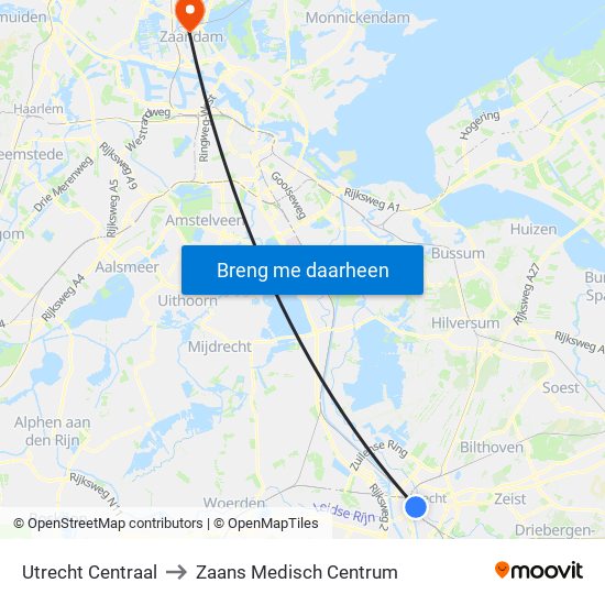 Utrecht Centraal to Zaans Medisch Centrum map