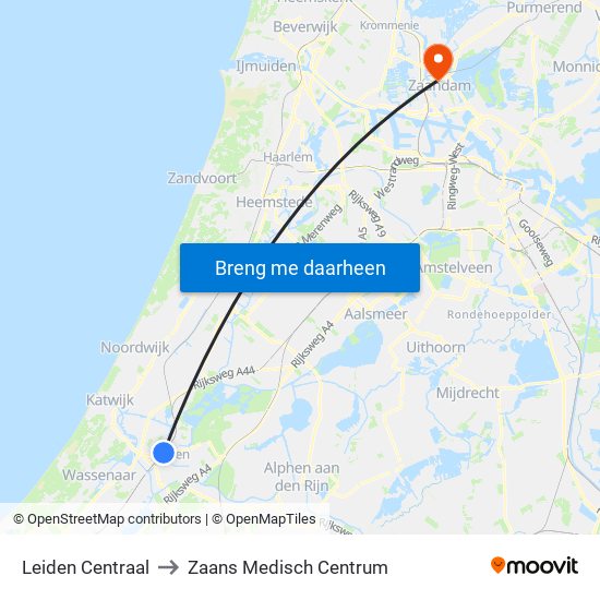 Leiden Centraal to Zaans Medisch Centrum map