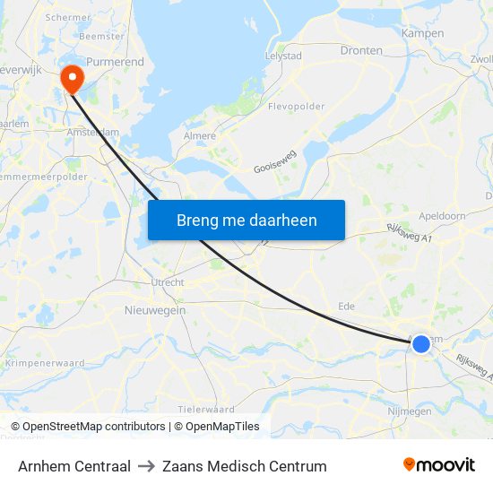 Arnhem Centraal to Zaans Medisch Centrum map