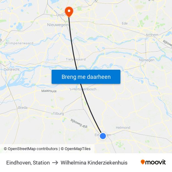 Eindhoven, Station to Wilhelmina Kinderziekenhuis map