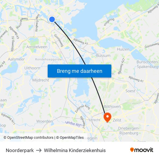Noorderpark to Wilhelmina Kinderziekenhuis map