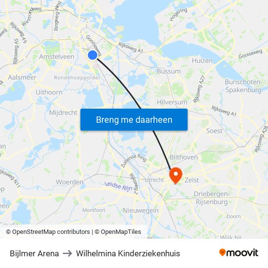 Bijlmer Arena to Wilhelmina Kinderziekenhuis map