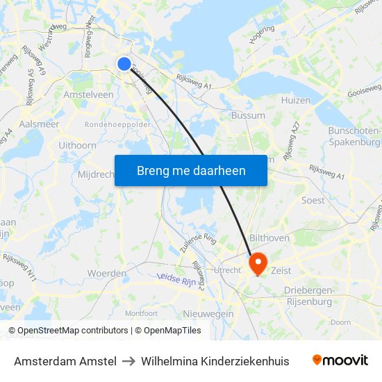 Amsterdam Amstel to Wilhelmina Kinderziekenhuis map